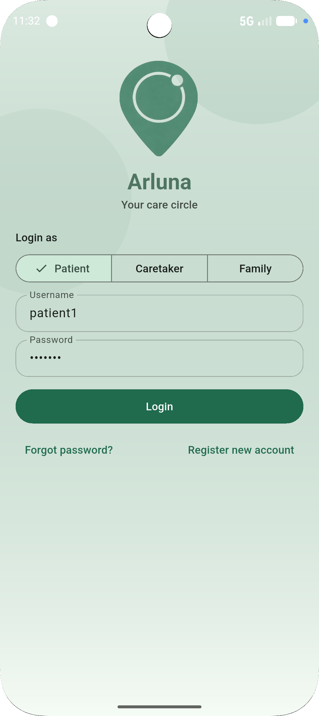 Arluna login screen with role selector and sign-in