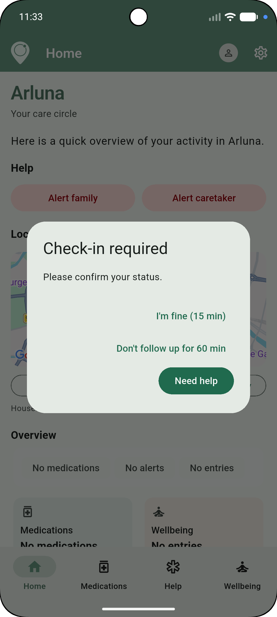 Arluna home dashboard with check-in prompt